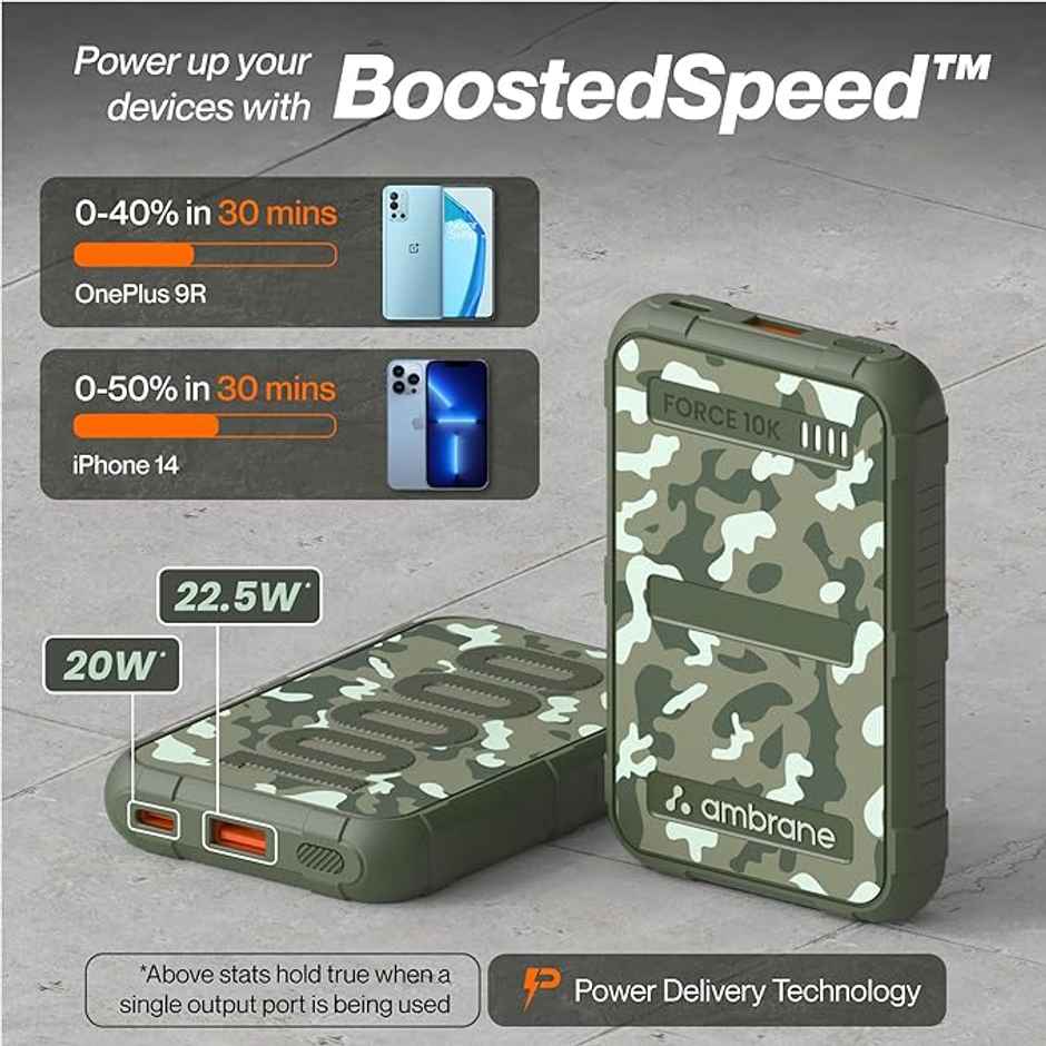 Ambrane 10000mAh Wired Power Bank,Rugged & Slim,22.5W Fast Charging,Compact & Travel-Friendly,USB Type-C Input Output,PD & QC,Compatible with iPhone,Samsung,Oneplus & All Android (Force 10K) - Dark Green