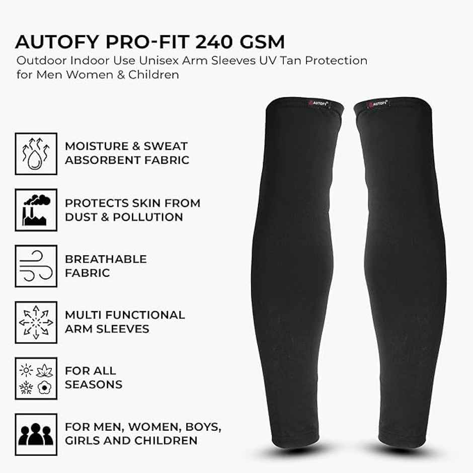 Autofy Pro Fit 240 GSM Unisex Arm Sleeves | UV Protection | Black