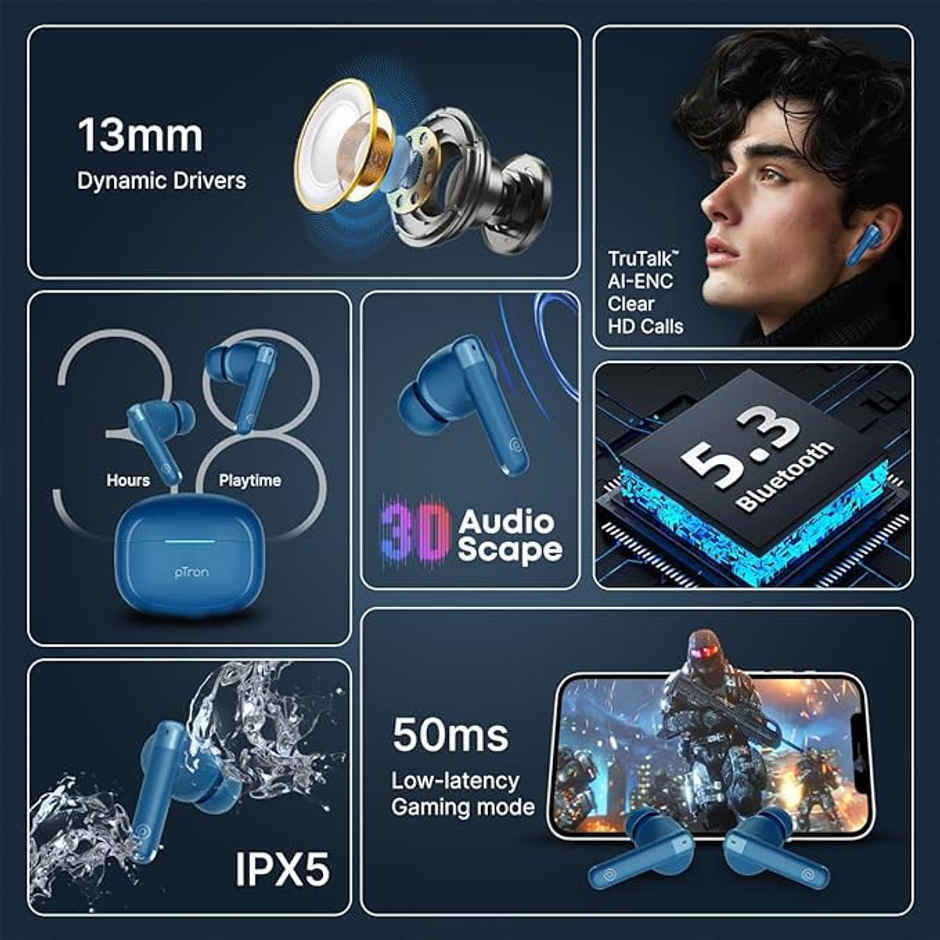 pTron Bassbuds Duo Pro TWS Earbuds | TruTalk AI-ENC Calls | 38H Playback Time | Movie/Music Modes - Blue