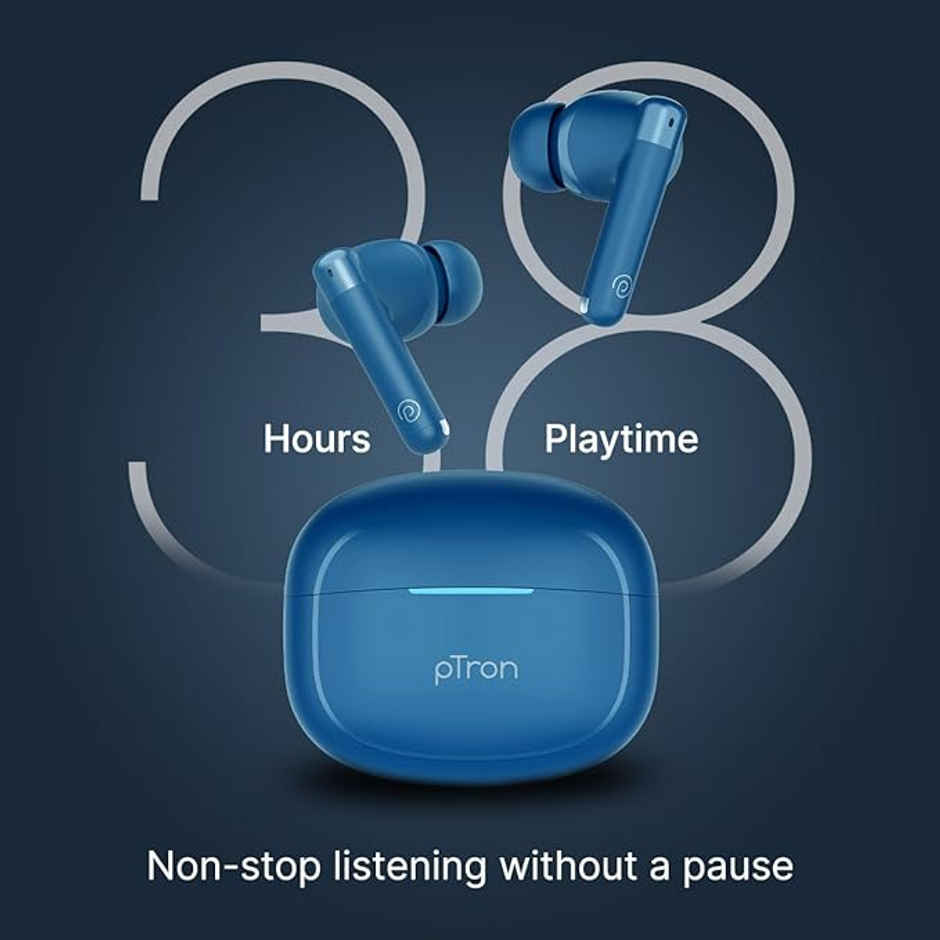 pTron Bassbuds Duo Pro TWS Earbuds | TruTalk AI-ENC Calls | 38H Playback Time | Movie/Music Modes - Blue