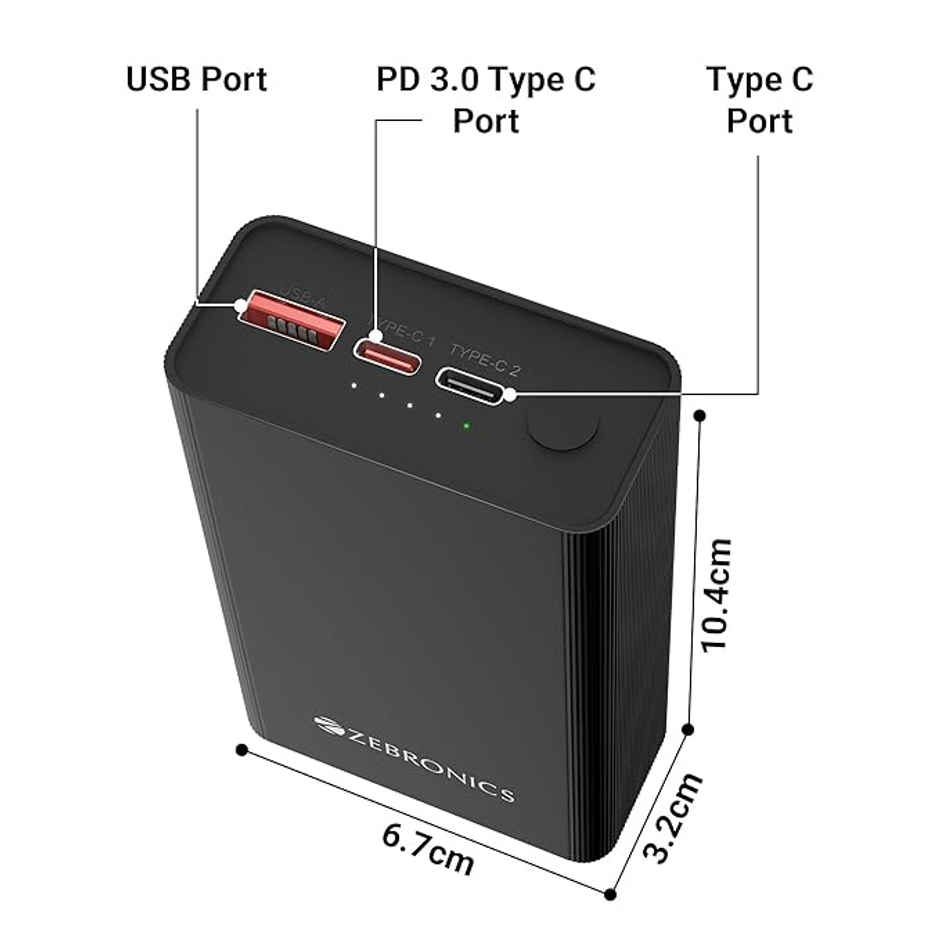 Zebronics Energi Tank 20MR1 20000mAh 22.5W Fast PD3.0 Metal Power Bank Midnight