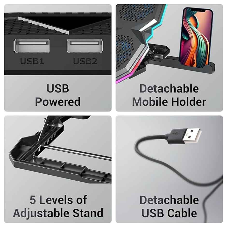 Zebronics Nc8000 Laptop Cooling Pad, Upto 17 Inch, 5 Fans 5 Level Adjustable Speed Control Usb Port