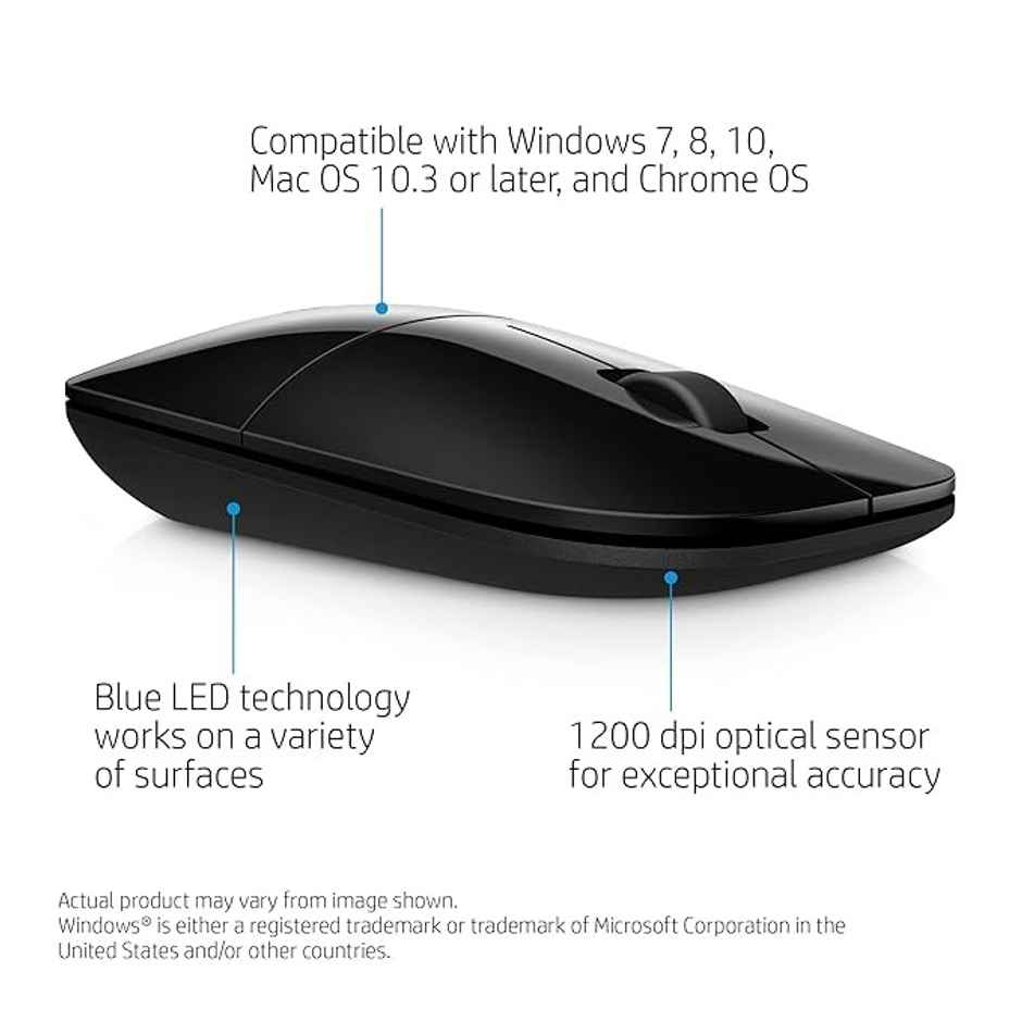 HP Z3700 Wireless Optical Mouse with USB Receiver and 2.4GHz Wireless Connection/ 1200DPI / 16 Months Long Battery Life/Ambidextrous and Slim Design, 3 Years Warranty - Black