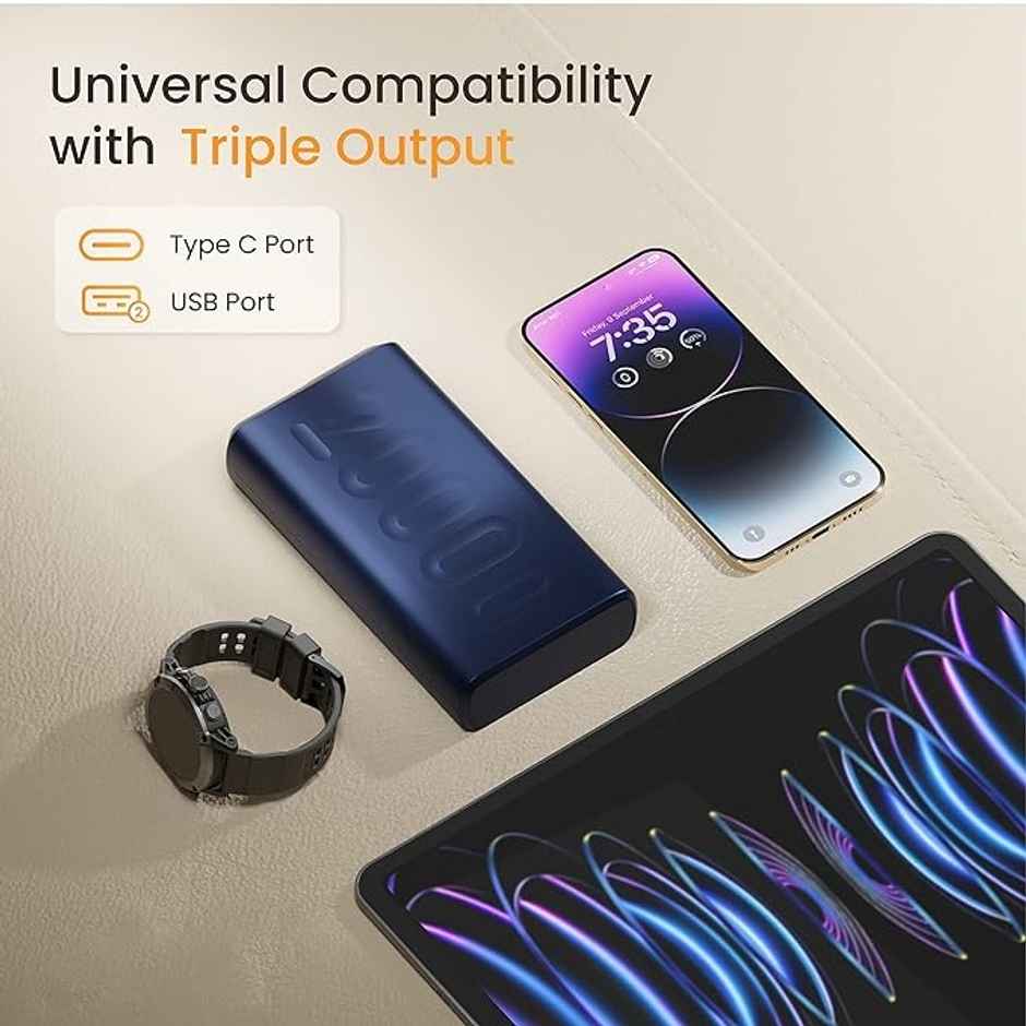 Ambrane 20000mAh Wired Powerbank, 22.5W Fast Charging, Triple Output (2 USB & 1 Type C), Power Delivery, Quick Charge for iPhone, Android & Other Devices, Made in India + Type C Cable (Stylo 20k) - Blue