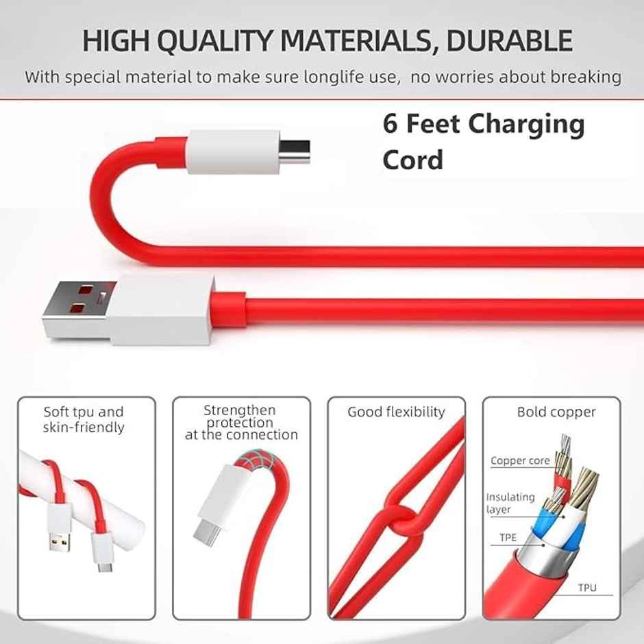 Sounce 80W OnePlus Charging Cable Usb To Type C Warp Charger SuperVooc/Dash Fast Charge, Red