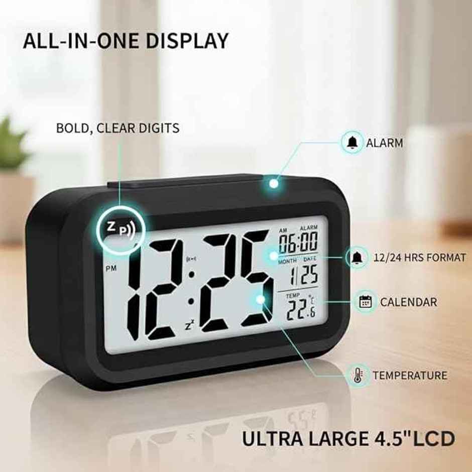 Perpetual Automatic Sensor, Time, Date & Temperature Clock | Black | 9 x 5 cm