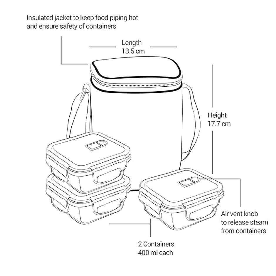 Treo By Milton All Fresh Square Glass Tiffin Containers With Bag, 3 Containers, 320 ml Each, Grey