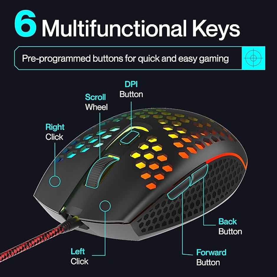 Ambrane Honeycomb Design Wired Gaming Mouse with 6 Programmable Buttons, 4-Speed Customizable 3600 DPI, Comfortable Grip, 7 Colors Breathing LED Light, 1.5m Long Cable, Lightweight - TroneX, Black