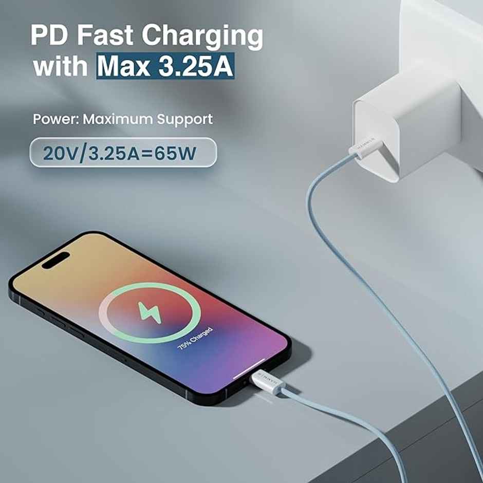 HAMMER Type C to Type C Cable 65W Braided, PD Fast Charging, Data Sync, 1.5 Meter Tangle Free Wire, Compatible with all C-Type Enabled Devices - Blue