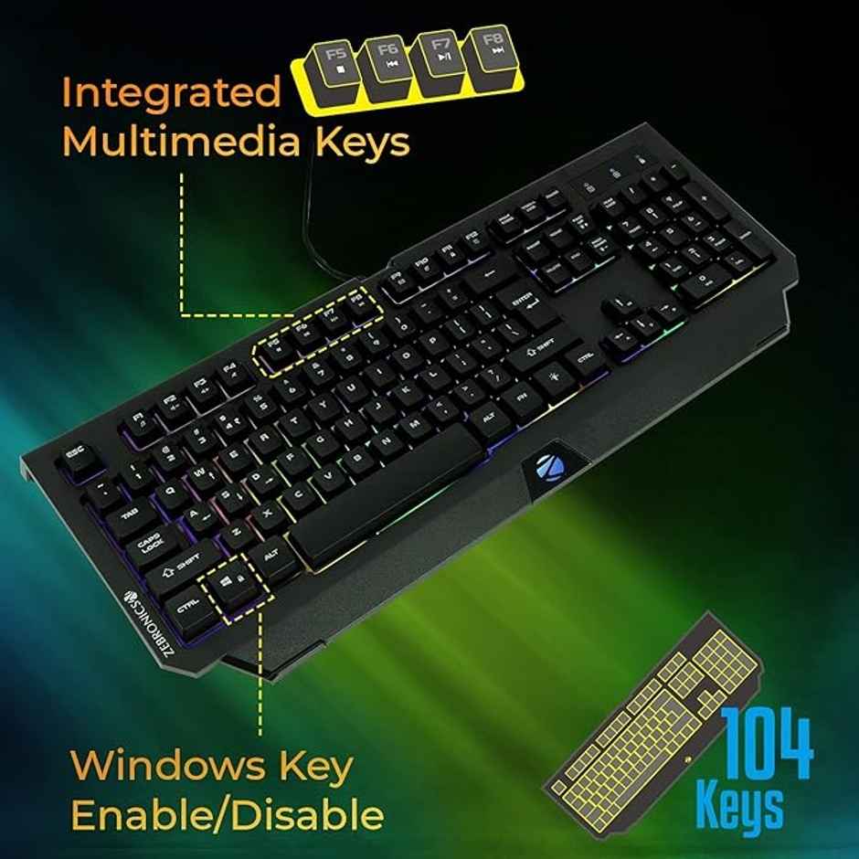 Zebronics Transformer K2 Gaming Keyboard, 104 Keys, Multicolor Led Laser Keycaps (Gold Plated Usb)