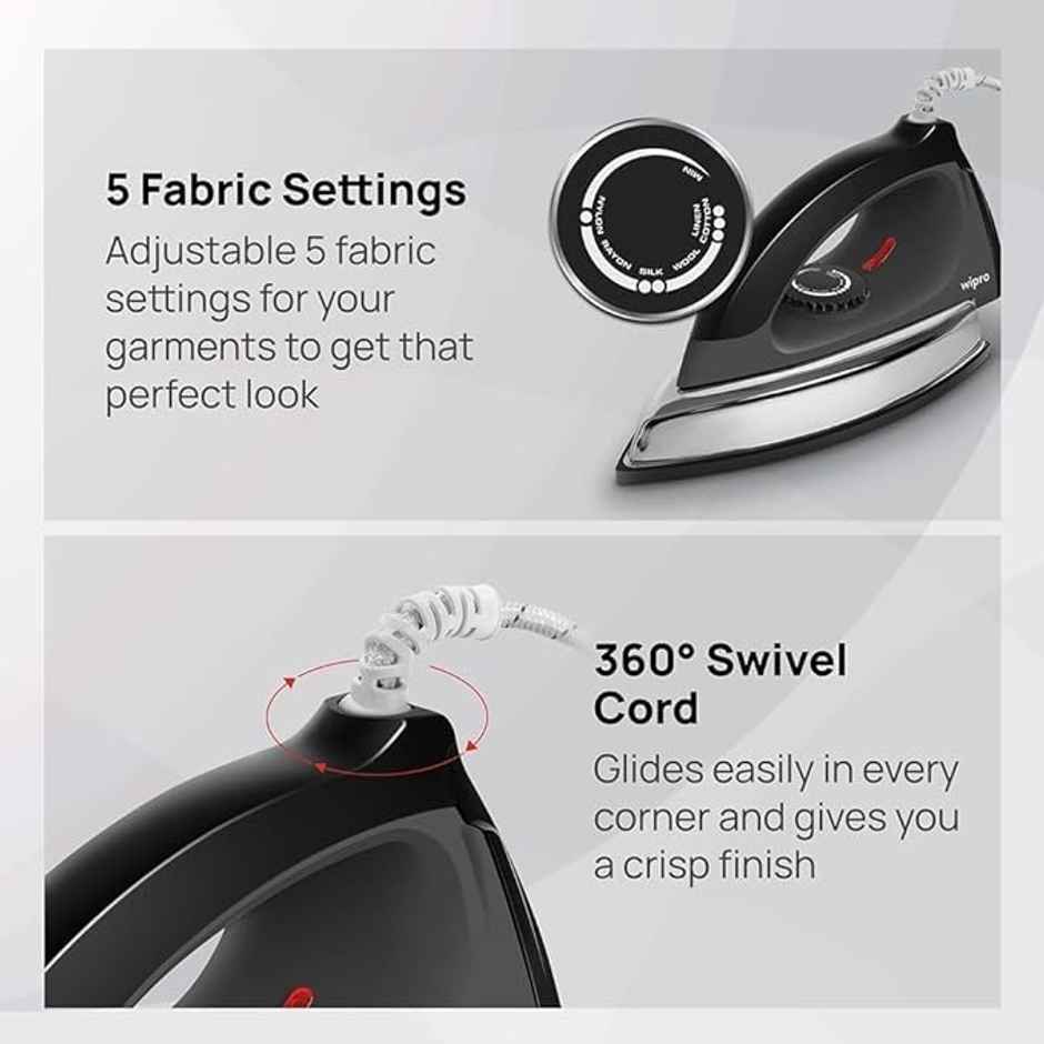 Wipro Elato Gd204 1200 Watt Heavyweight Dry Iron, Quick Heat Up, ,Black