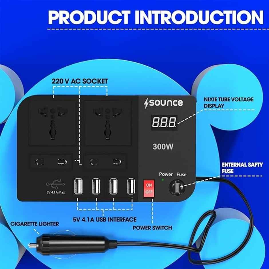 Sounce 300W Car Inverter | 4 USB Ports | DC 12V to 220V with LED Voltage Display & Fuse | Black