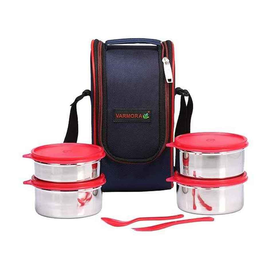Varmora SS Mini Xclusive Lunch Box- Raspberry Pink - 4 Storage Containers with Spoon and Fork