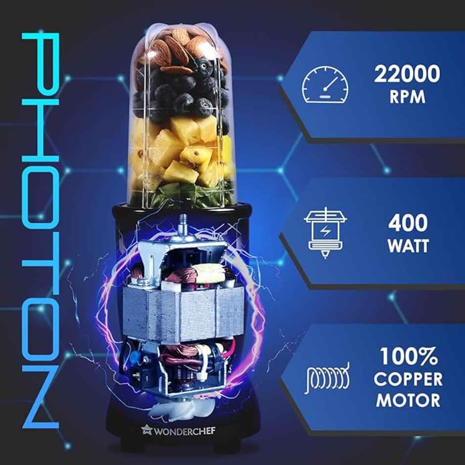 Wonderchef Nutri Blend Photon with Sipper Lid|Mixer, Grinder,Blender & Smoothie Maker|22000 RPM, 400W 100% Full Copper Motor|2 Unbreakable Jars