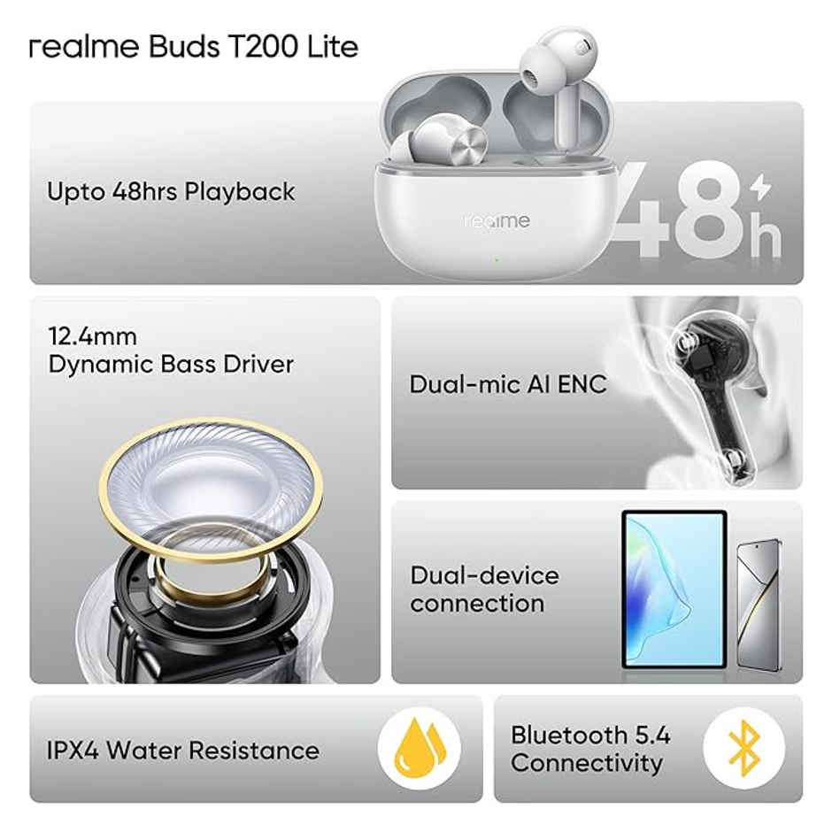 realme Buds T200 Lite Bluetooth in Ear Earbuds | 4 Mic | AI ENC for Calls | Storm Grey