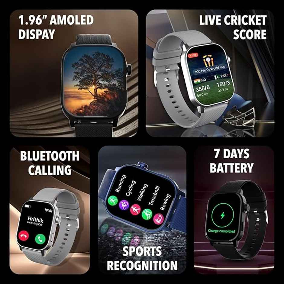 Cultsport Ace X 1.96" AMOLED Display, Live Cricket Score, AOD, BT Calling Smartwatch (Blue)