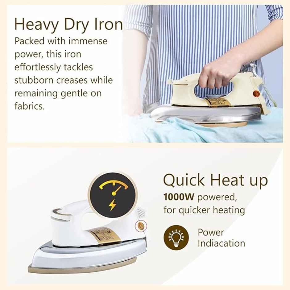 Rico 1000 W Heavy Weight Dry Iron Press | White 2 kg Iron Box