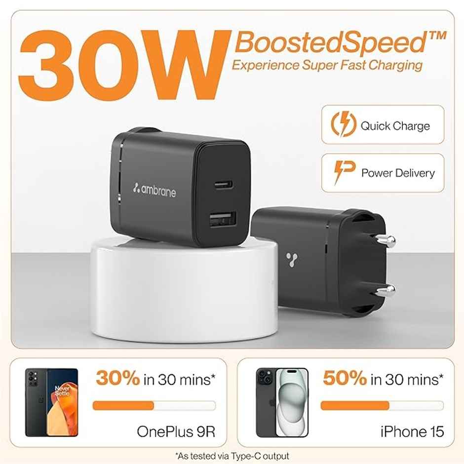 Ambrane 30W Dual Port Gan Charger, Usb & Type C Port With Qc & Pd Technology (Charge 30, Black)