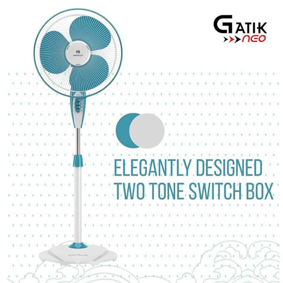 Havells Gatik Neo Oscillating Pedestal Fan,400mm, auto OFF, 4 speed control, White Blue
