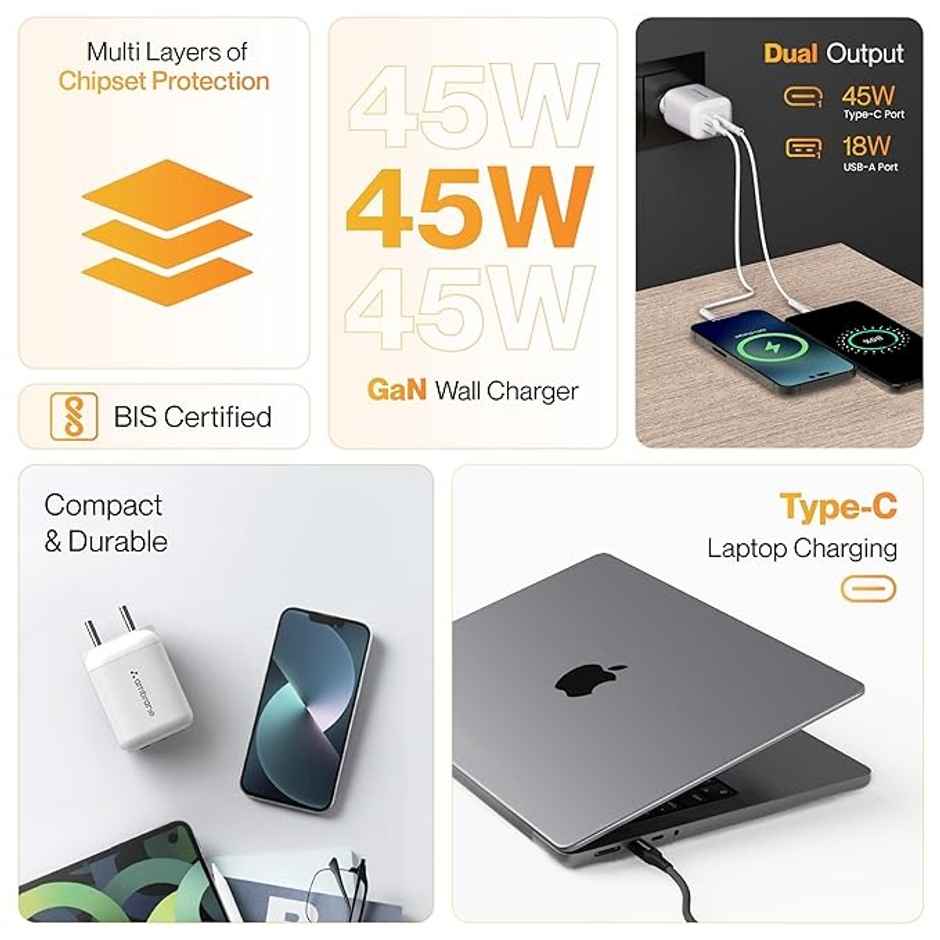 Ambrane 45W Dual Port GaN Charger, USB & Type C Port with QC & PD Technology Compatible with MacBook & Type-C Laptop Charging, iPhone, iPad, Samsung, Redmi, Mi, Oneplus, Oppo, Vivo (Charge 45) - Black