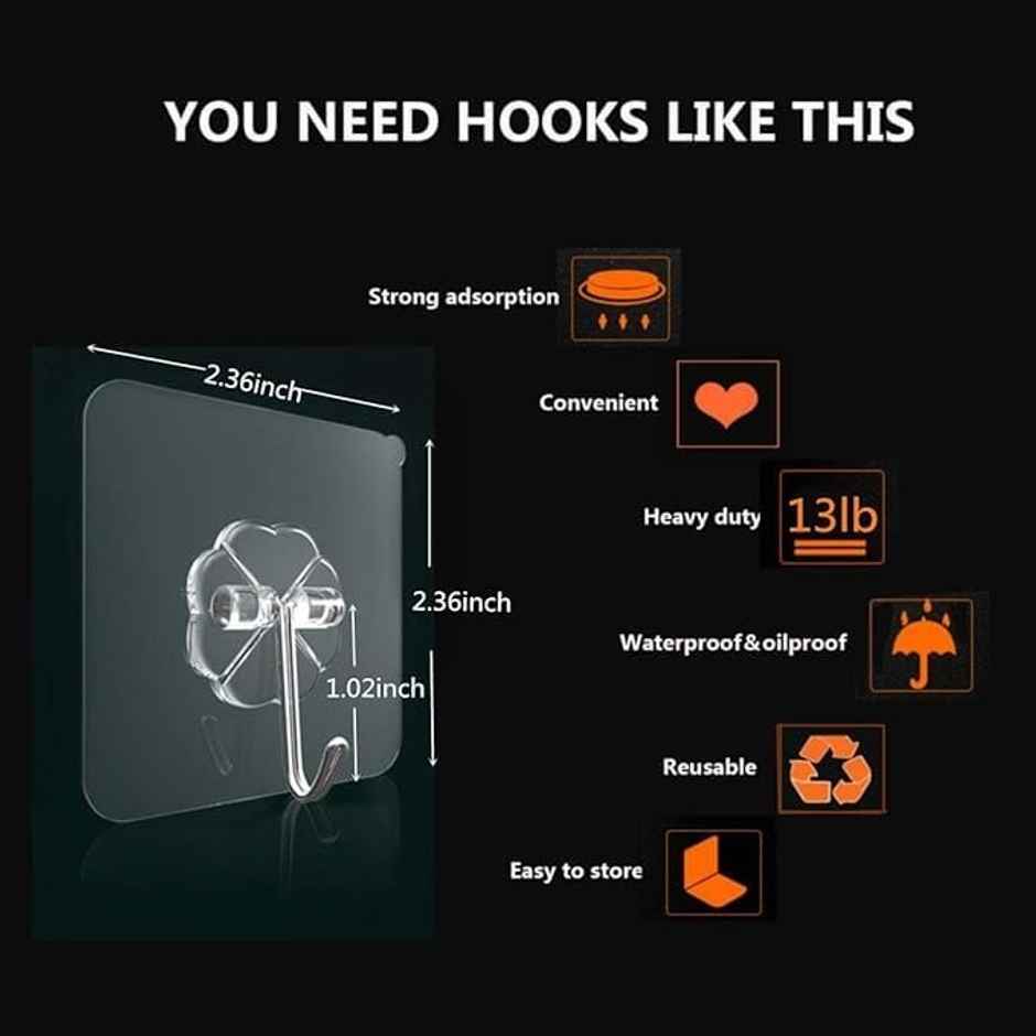 Perpetual Self-Adhesive Hooks | Heavy Duty Waterproof Hooks for Wall & Door | Pack of 10