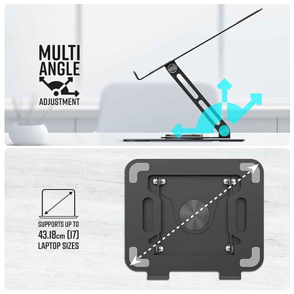 Zebronics NS3000 PRO 360Degree Rotatable Laptop Stand, Supports up to 17"(43cm) Laptops, Tablets, Supports Max 5kg, Carbon Steel with Anti Rust Body, Anti-Slip/Scratch Silicone Pads - Dark Grey