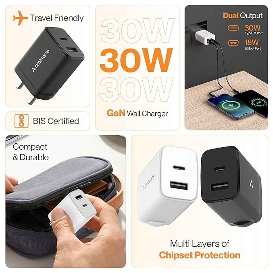 Ambrane 30W Dual Port Gan Charger, Usb & Type C Port With Qc & Pd Technology (Charge 30, Black)