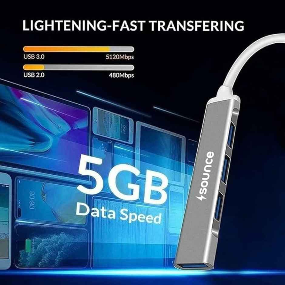 Sounce 4-Port USB 3.0 Hub with Aluminium Shell For Pc-Macbook-Mac Pro-iMac-Surface Pro | Grey