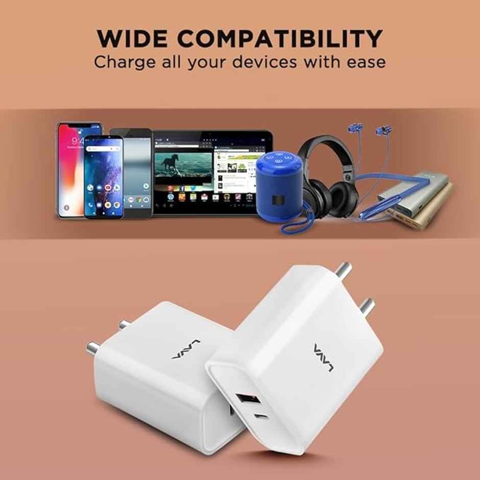 Lava 20W Type C Fast Wall Charger with PD Technology | Type C to C Data Cable Inside | White