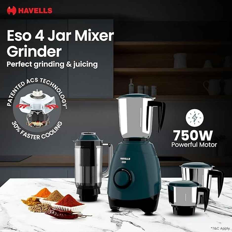 Havells ESO Mixer Grinder | 750 W | 4 Jars | 304 SS Blades | High Speed | 21000 RPM - Teal & Black