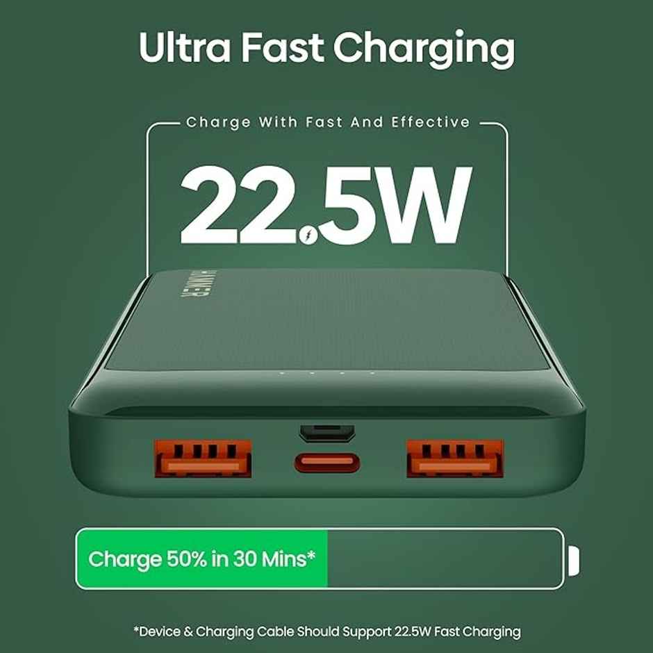 Hammer 10000 mAh 22.5W Power Bank Ultra Charge | Pd Fast Charging | 3 Output | 2 Input Ports - Green