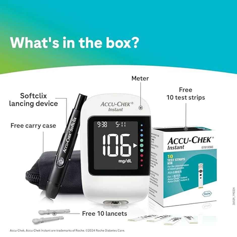 Accu-Chek Instant Glucometer With Free Vial of 10 Strips, 10 Lancets and Lancing Device Kit