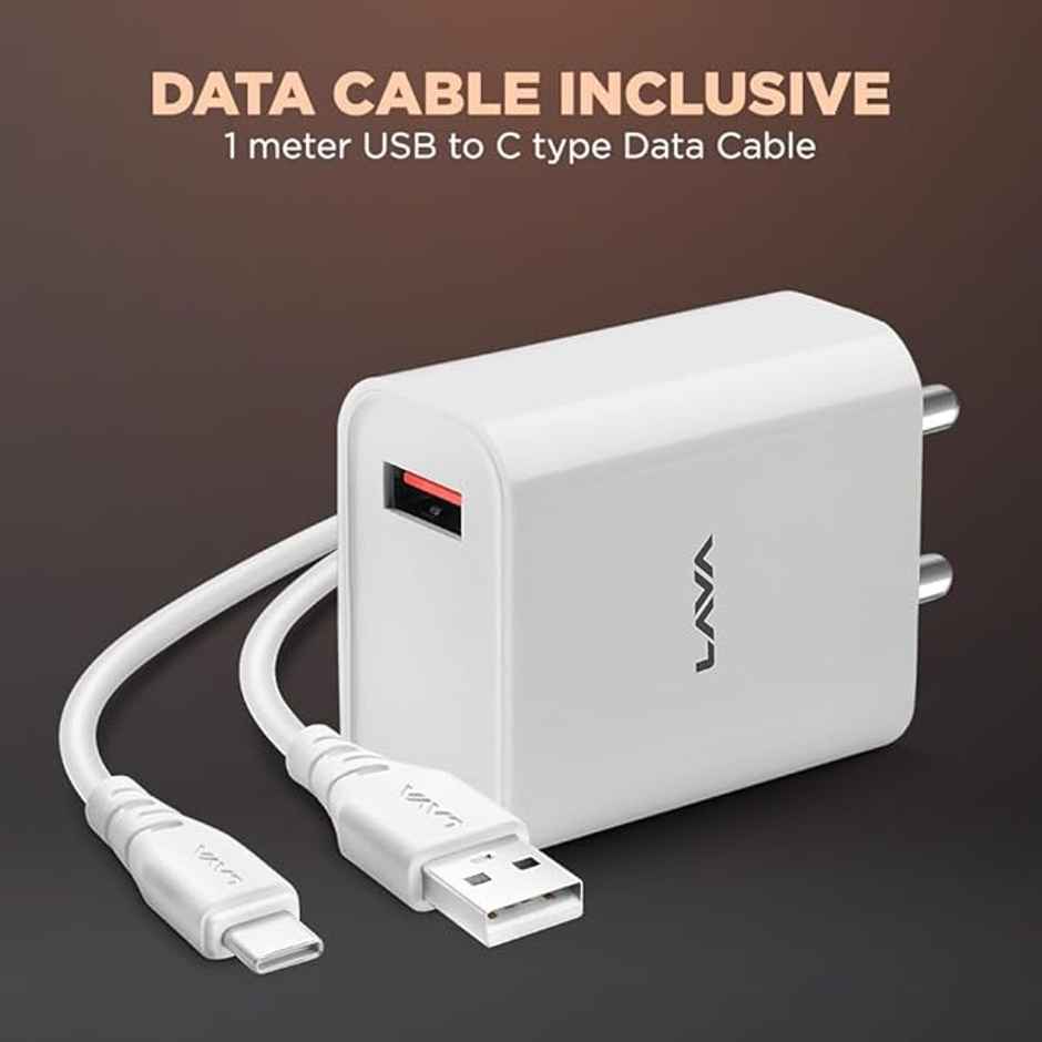 Lava 18W Fast USB Charger | with 3A USB to Type C 1M Cable | CH18 | White