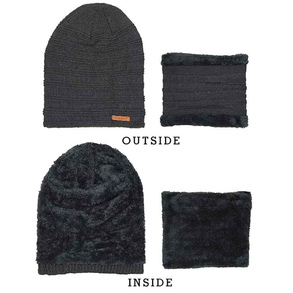 Fabseasons Unisex Acrylic Wool Beanie and Muffler | Dark Grey - Free Size
