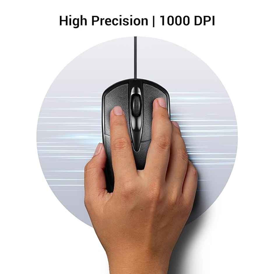 Zebronics Byte Wired Optical Mouse With 3 Buttons, High Precision, 1000 Dpi, Works On Most Surfaces - Black