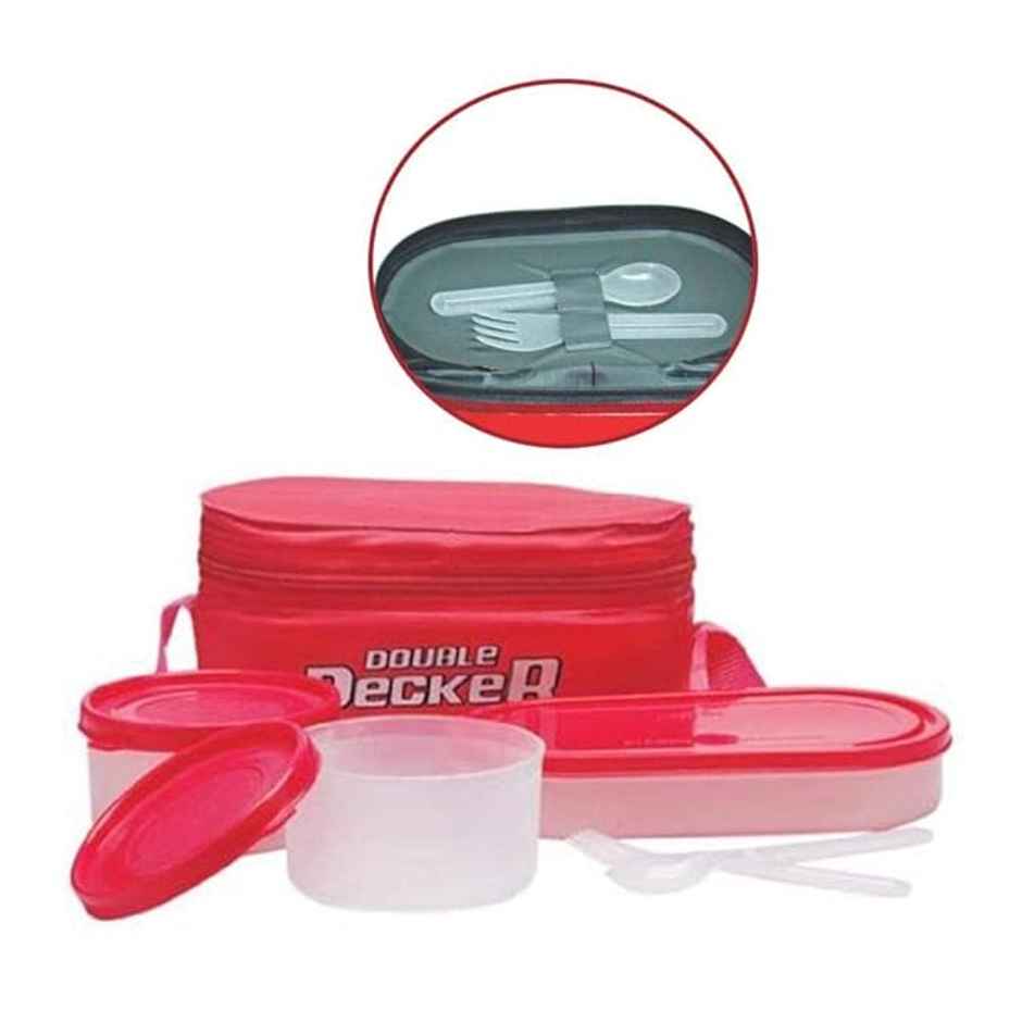 Milton Double Decker Lunch Box, Set Of 3, (450 ml, 280 ml, 280 ml) Red, Microwave Safe