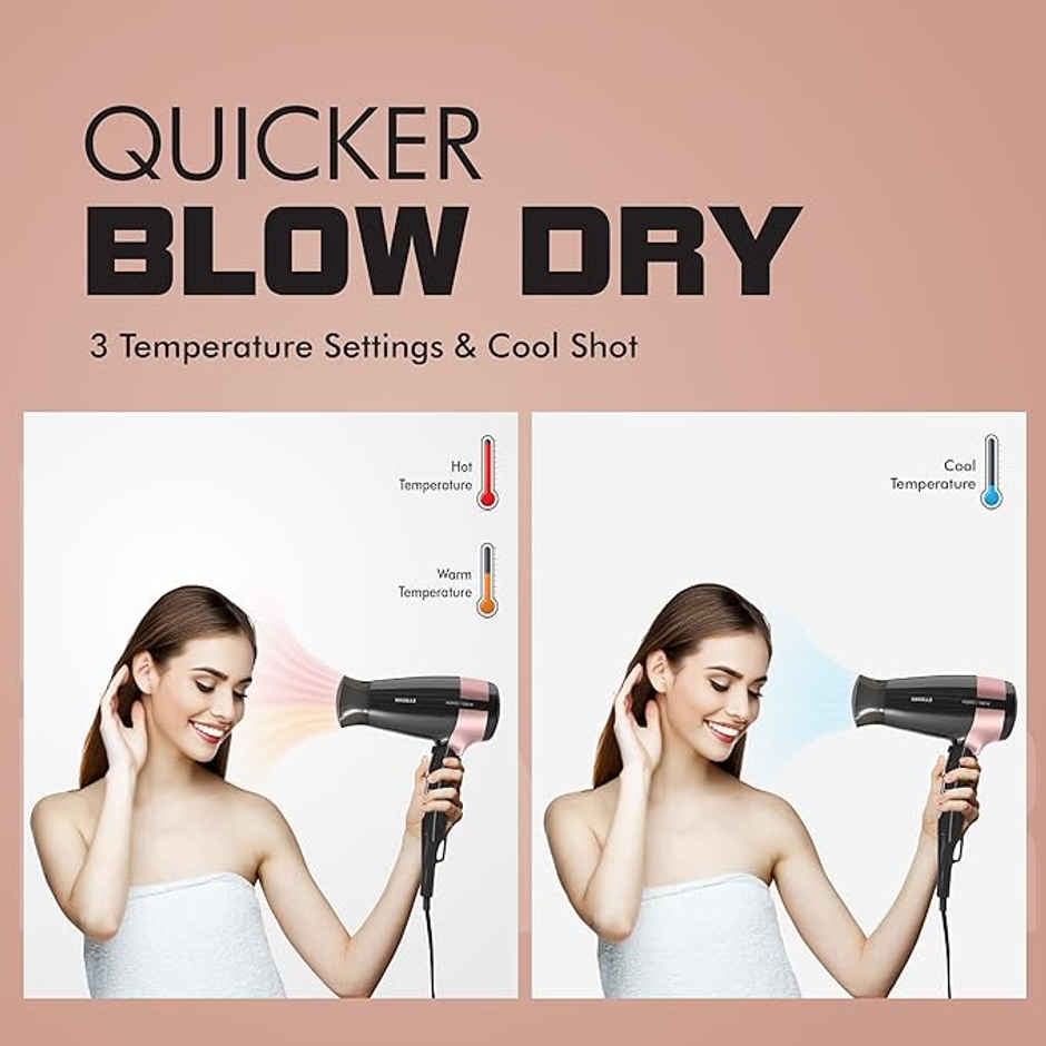 Havells 1200W Foldable Hair Dryer; 3 Heat Settings With Cool Shot (Hot/Cool/Warm), Cool Black