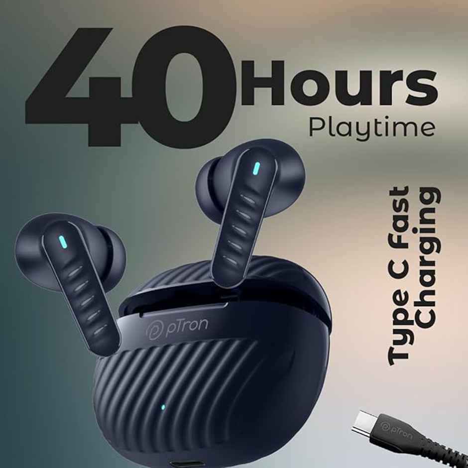 pTron Bassbuds Bliss TWS Earbuds | TruTalk ENC Calls | 40H Playtime | 50ms Game/Music Mode - Blue
