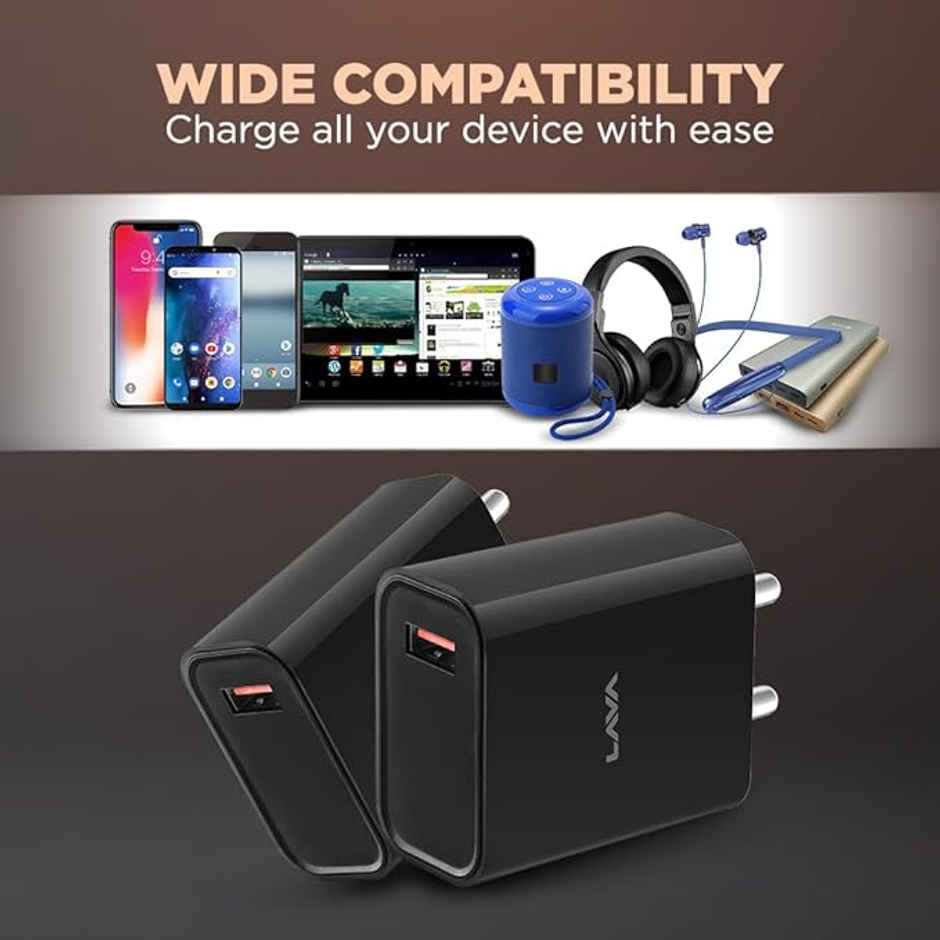 Lava 18W Fast USB Charger | with 3A USB to Type C 1M Cable | CH18 | Black