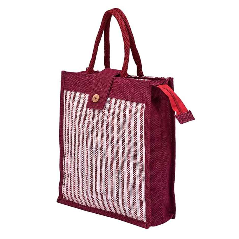 Kuber Industries Jute Top Flap-Lining Carry Shopping Bag with Handle|Medium|Maroon