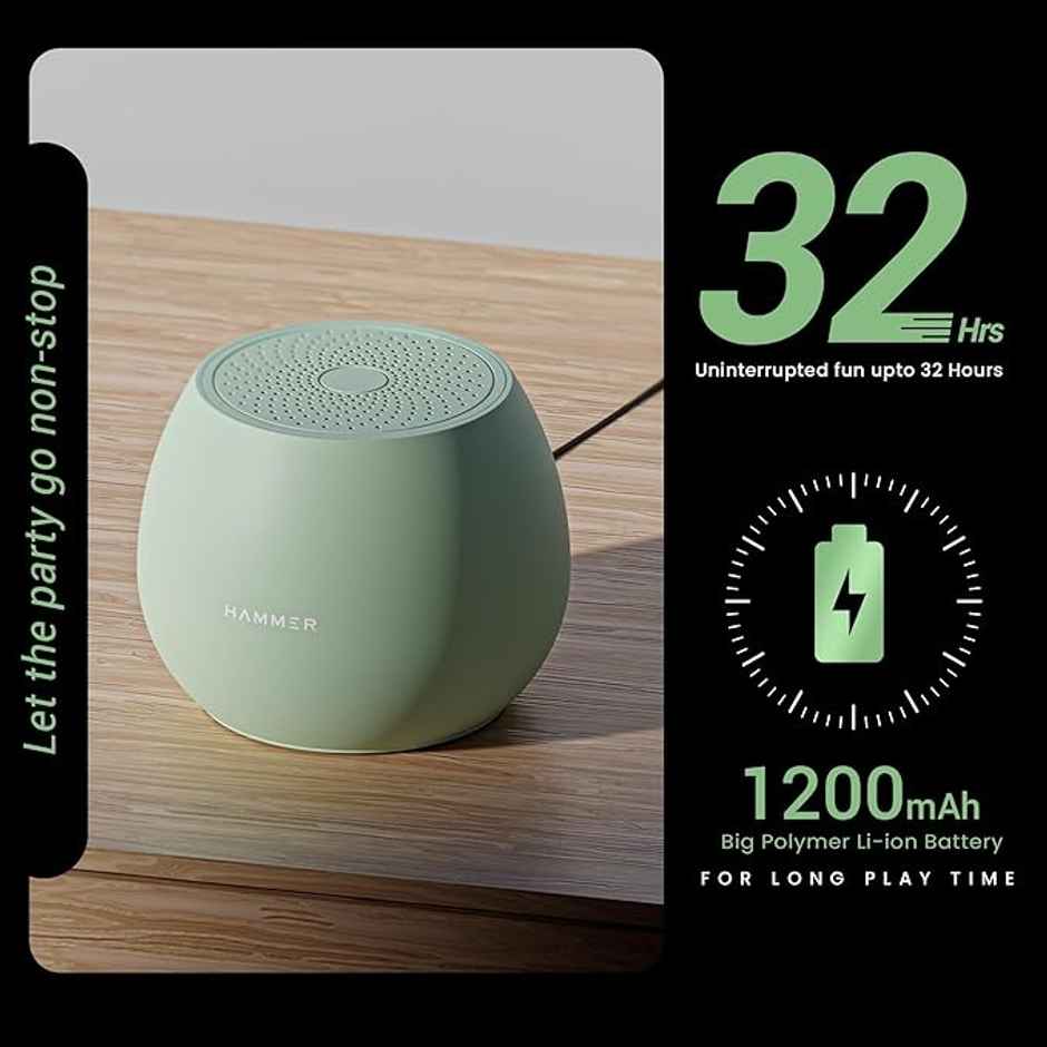 Hammer Drop 5W Bluetooth Indoor Speaker With Twin Pairing| 100H Standby Time| 52Mm Drivers | Green