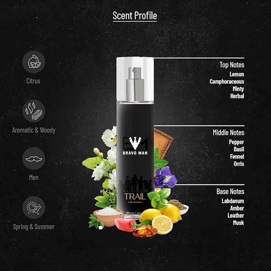 Bravoman - Trail No Gas Body Mist Perfume Deo For Men - Citrus | Spicy | Woody | Leathery Scent