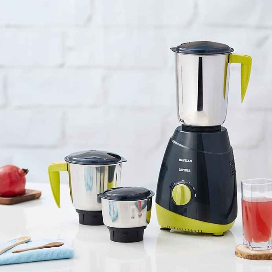 Havells Capture 500W 3 Jar Mixer Grinder, High Speed 21000 RPM Motor, Stainless Steel Blades (Grey & Green)