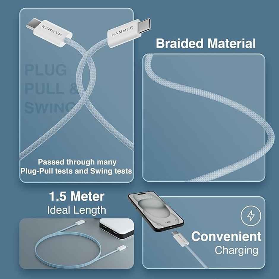HAMMER Type C to Type C Cable 65W Braided, PD Fast Charging, Data Sync, 1.5 Meter Tangle Free Wire, Compatible with all C-Type Enabled Devices - Blue