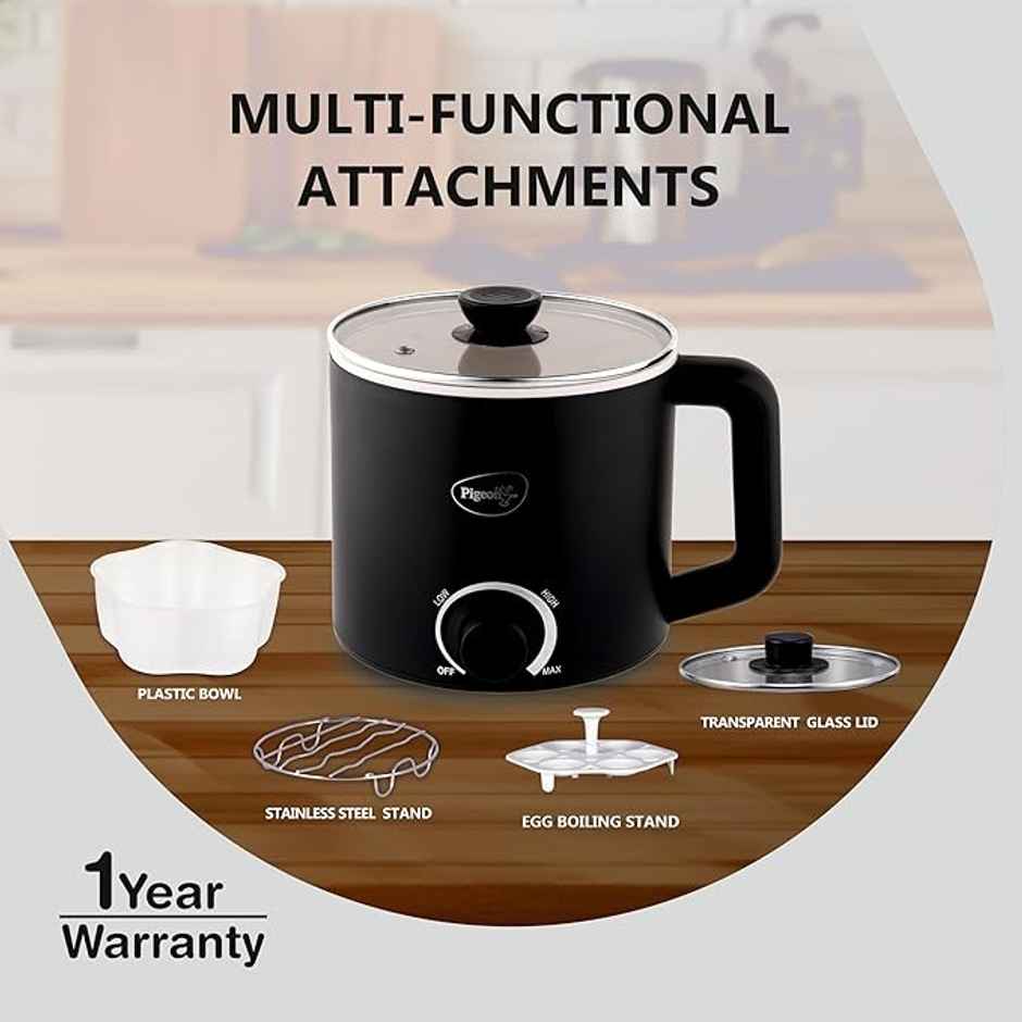 Pigeon Swift Multi-Cook Kettle 1.5L, Egg Rack - Black | Double Layered | Food Grade Stainless Steel Inner wall | Glass Lid | Auto Shut-off