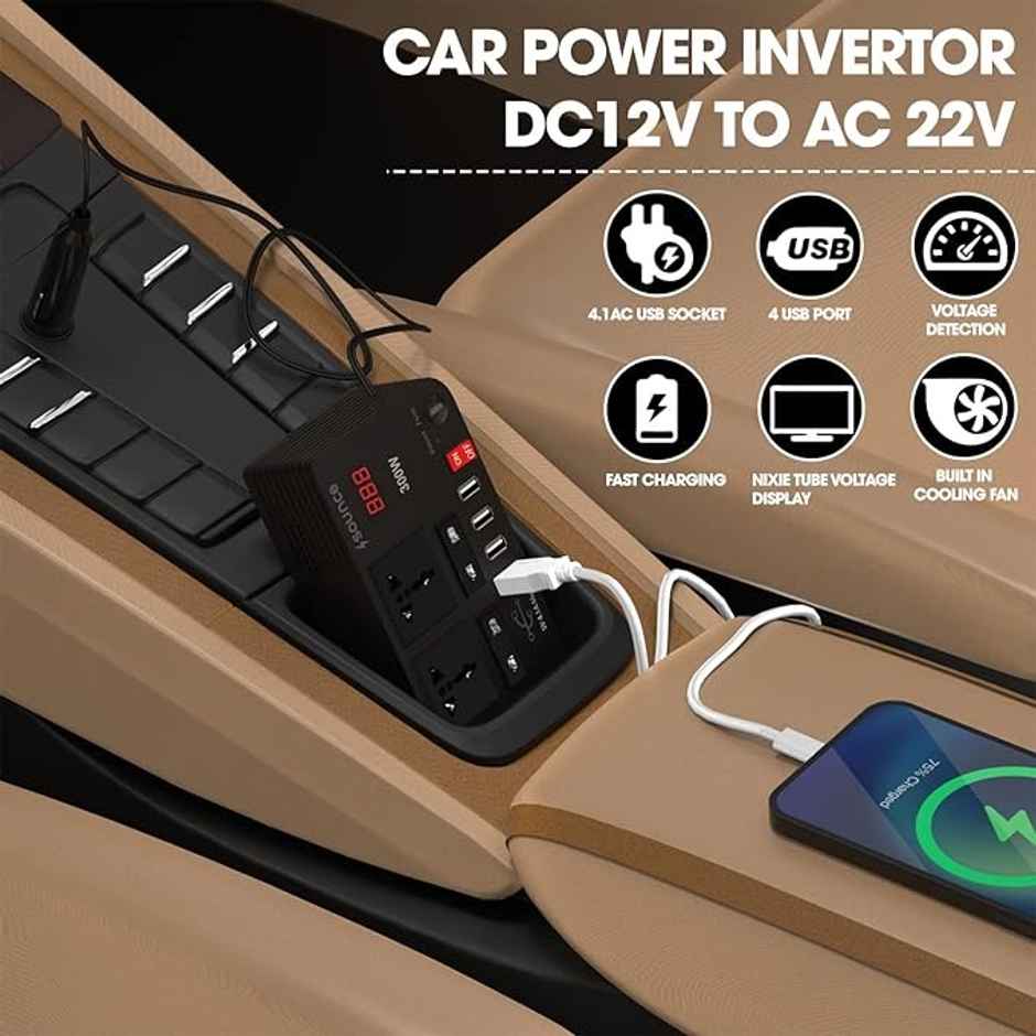 Sounce 300W Car Inverter | 4 USB Ports | DC 12V to 220V with LED Voltage Display & Fuse | Black