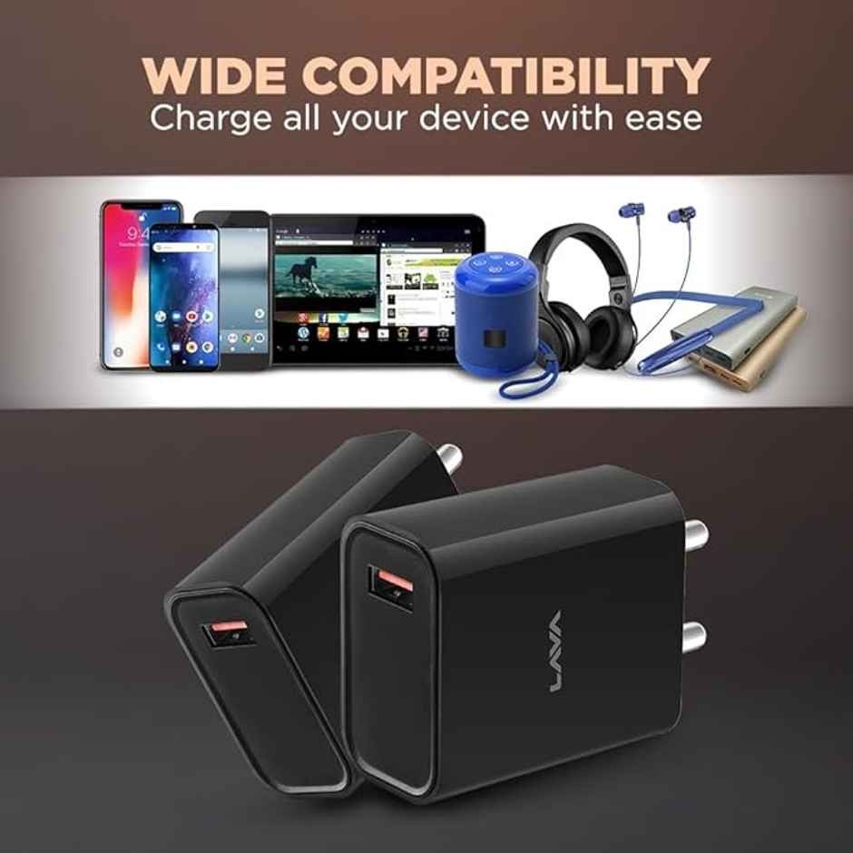 Lava 18W Fast USB Charger | with 3A USB to Type C 1M Cable | CH18 | Black