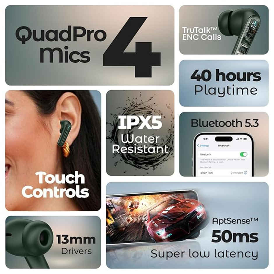 pTron Bassbuds Bliss TWS Earbuds | TruTalk ENC Calls | 40 Hrs Playtime | 50ms Game/Music Mode - Green