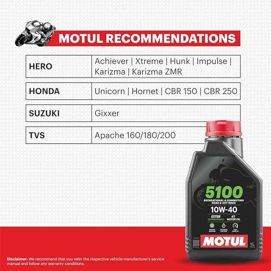 Motul 5100 4T Technosynthese 10W-40 API SL/SJ/SH/SG Semi Synthetic Engine Oil for Bikes s | 1L