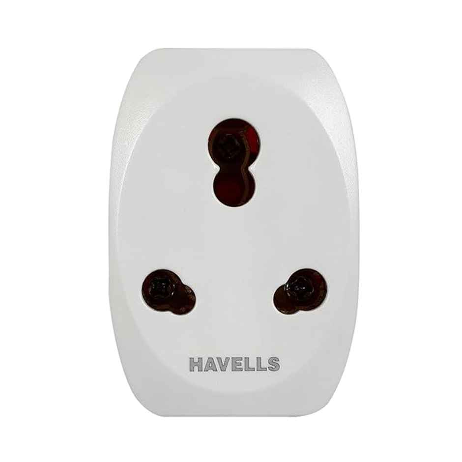 Havells 6A/16A, 240V AC 3 Pin Nickel Plated Brass Adaptor for AC,Flame Retardant, UV Stabilized for Safety Assurance During Fire Catching, Photo Degradation and Physical Destruction - White
